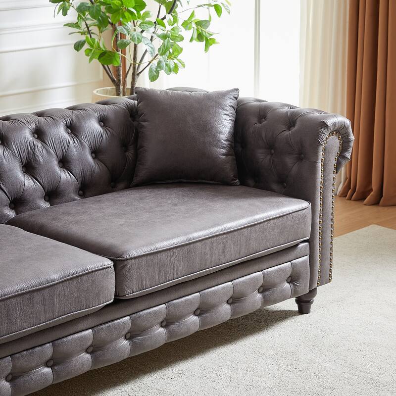 Classic Chesterfield Sofa with Tufted Design, Tech Fabric, and Dark Brown Wood Legs