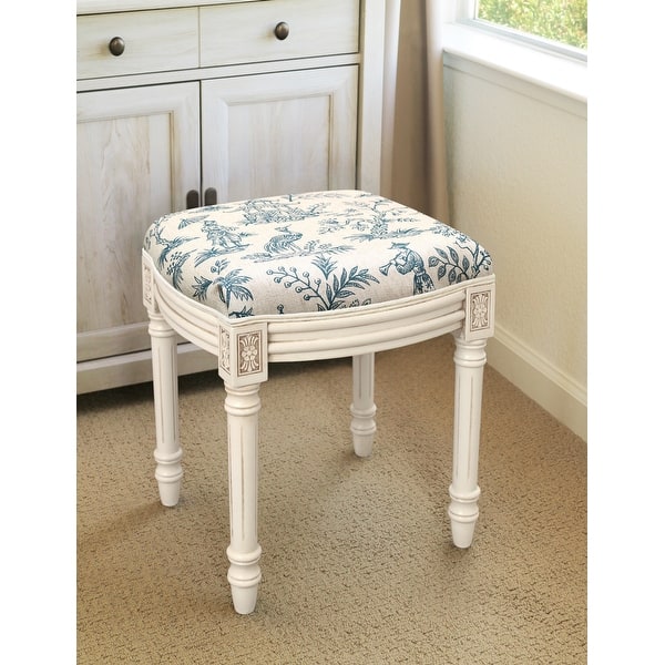 slide 1 of 3, Navy Blue Fern Vanity Stool with antique white finish
