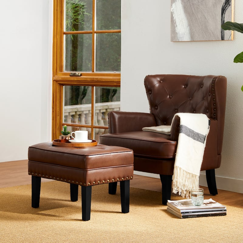 Glitzhome Set of 2 22"W Leatherette Button-tufted Foot Stools Ottomans