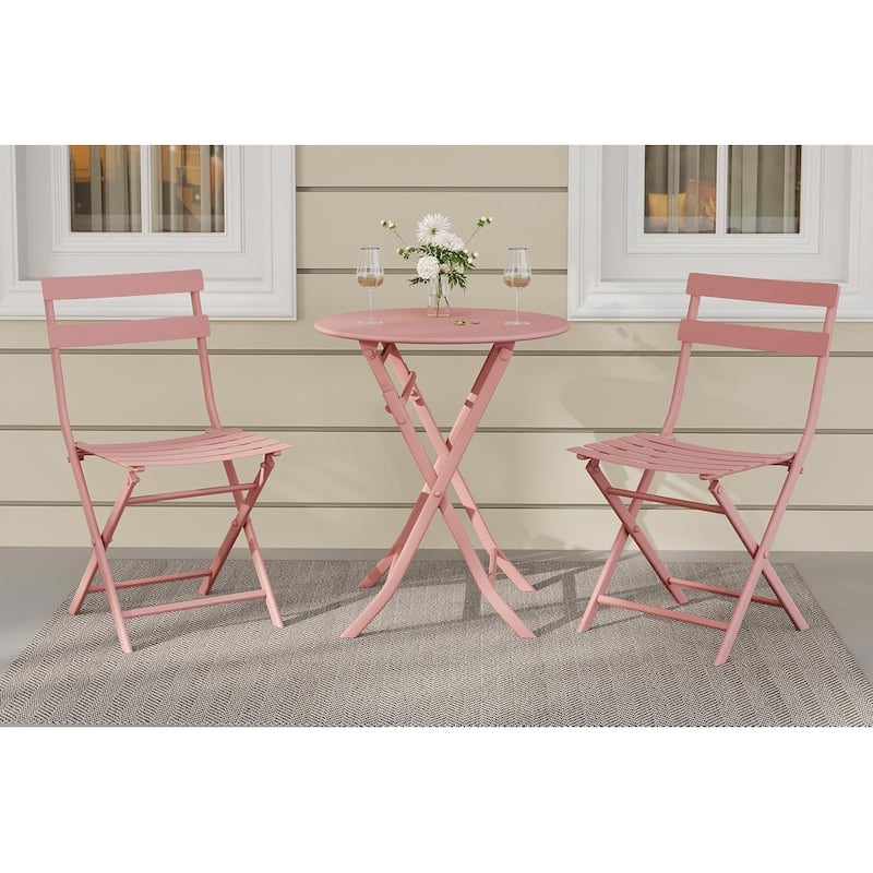 3-Piece Patio Bistro Set Folding Bistro Table and 2 Chairs - Pink