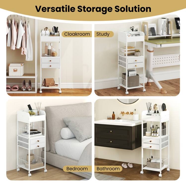 White Rolling Makeup Organizer with Drawers and Shelves Metal Vanity Storage Cart with Wheels - 12" x 12" x 35.5"