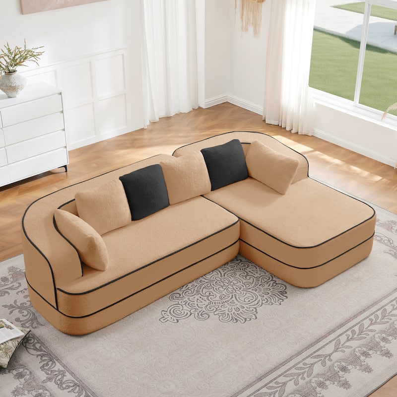 Roomfitters No Assembly Modular Sofa, 106 Inch Teddy Fabric Floor Couch with Chaise, Camel