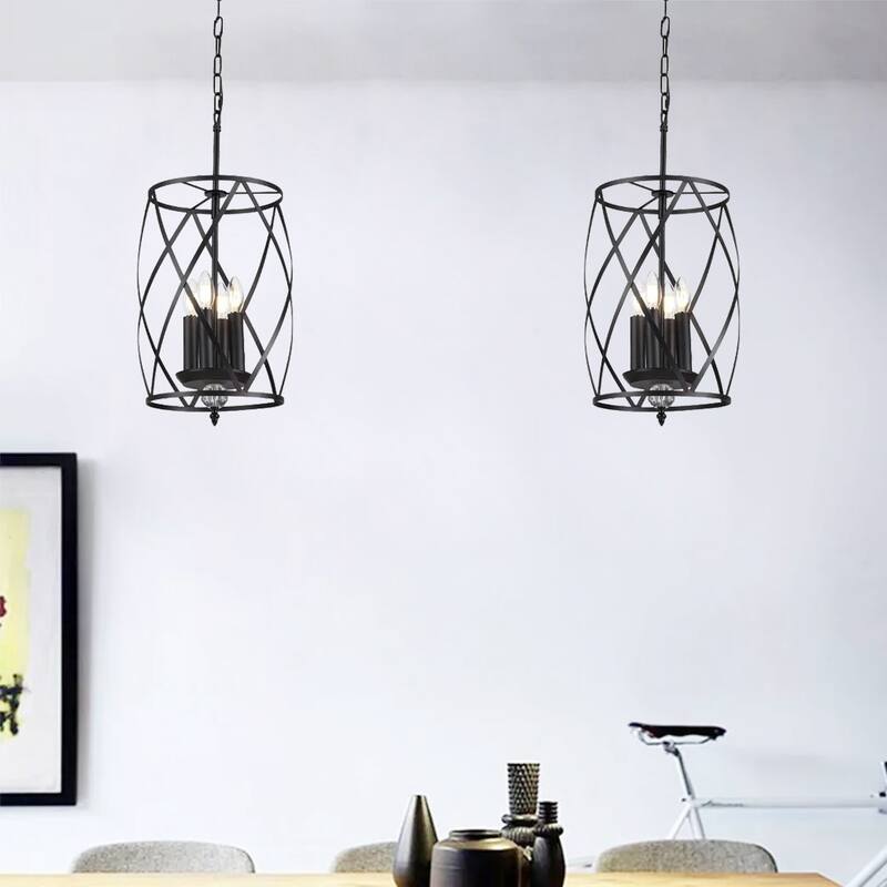 Black Island Pendant Lighting Cylinder Lantern Chandelier 3 Light, Modern LED Hanging Ceiling Light