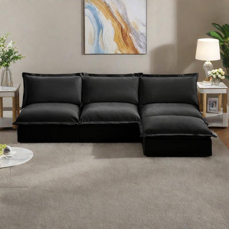 109.8" Chenille Modular Sectional with Reversible Ottoman and 3-Seater Armless Design & Free Combination - Black