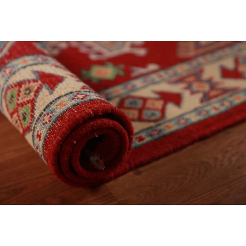 Geometric Red Kazak Foyer Rug Handmade Wool Carpet - 2'7"x 3'10"