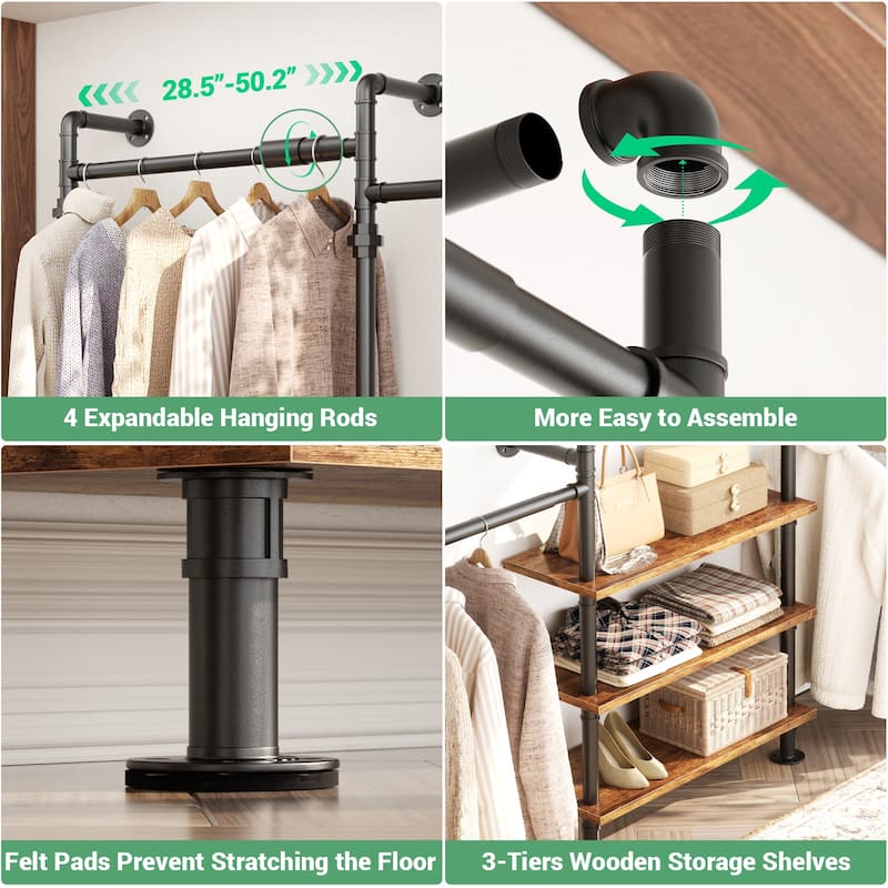 Industrial Pipe Garment Rack with Expandable Hanging Rods and Shelves,Reversible Walk-in Closet Organizer System Clothing Rack