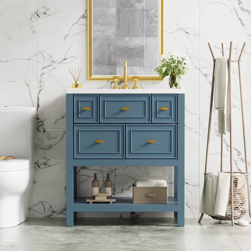 Wood Freestanding Bathroom Vanity with Sink - Blue