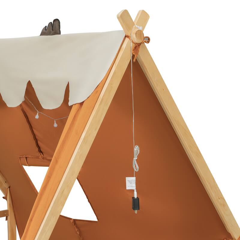 Deer Antler Accents House Bed Tent with Light and Roll-Up Curtain Skylight, Low Platform Bed with Detachable Tent and Roof