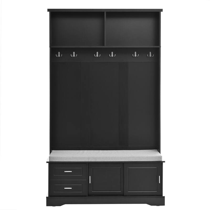 3-in-1 Hall Tree with Sliding Doors, Coat Rack, Padded Bench and Shoe Cabinet for Entryway, Mudroom, or Bedroom Organizer