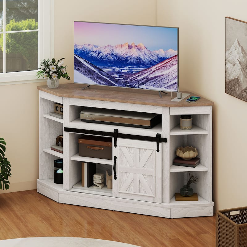 Moasis 47.2" W Corner TV Stand with Power Outlet, Barned-Door Cabinet