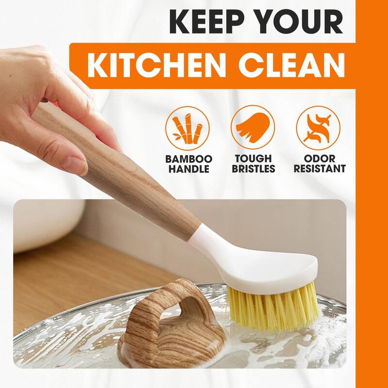Cheer Collection Bamboo Handle Dish Brush Set with Built-in Scraper 3 Pack for Kitchen Cleaning - Pack of 3