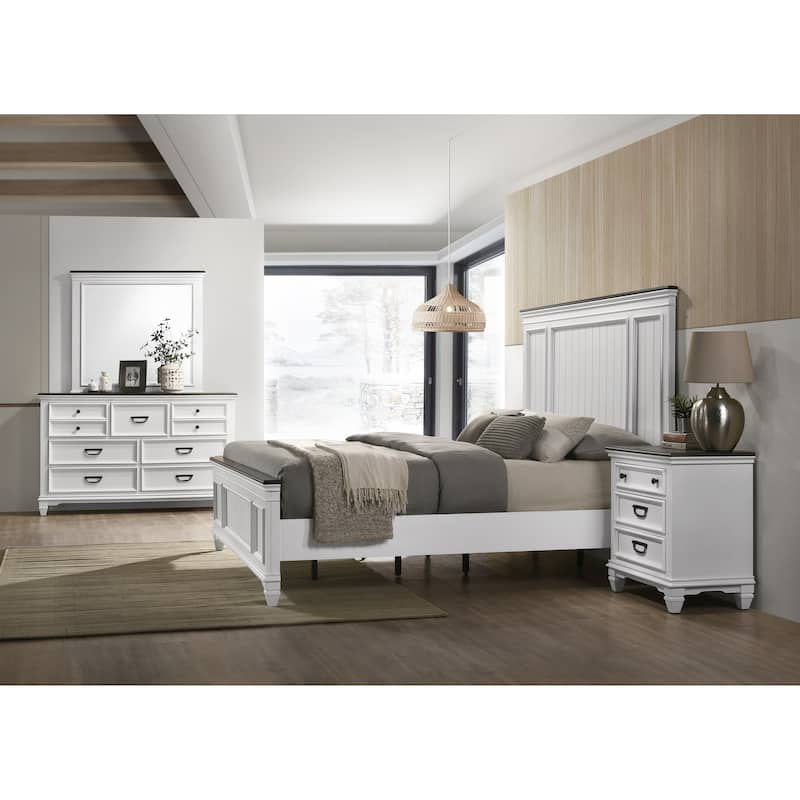 Roundhill Furniture Clelane Wood Bedroom Set with Bed, Dresser, Mirror, and Nightstand - Antique White - King