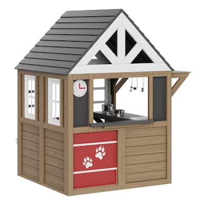 Outdoor Wooden Kids Garden Games Cottage with 2 Windows and 2 Flowerpot Racks - 55.24” x 49.61” x 65.35”