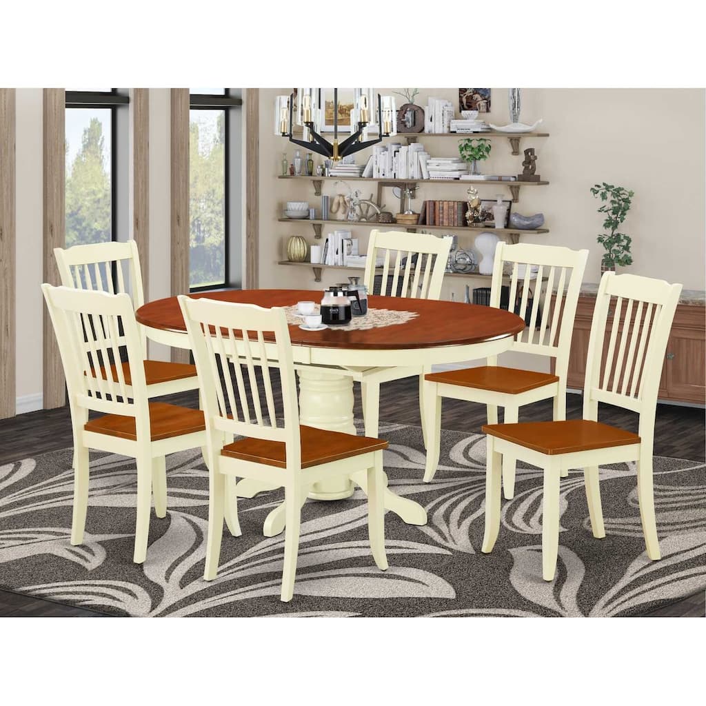 HomeStock 7-Piece Oval Buttermilk & Cherry Finish Solid Wood Top Dining Table with 6-Chairs with Slat Back