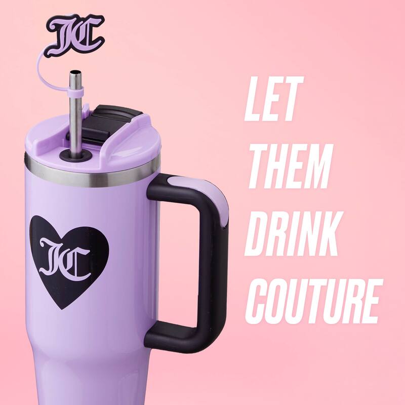 Juicy Couture Jetsetter Hydration Stainless Steel Tumbler with Handle and Straw With Topper