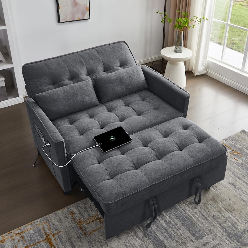 Convertible Sofa Bed,3 in 1 Pull Out Couch,Loveseat Sleeper with Adjustable Backrest,Side Pocket,USB Charging Port - Dark Gray