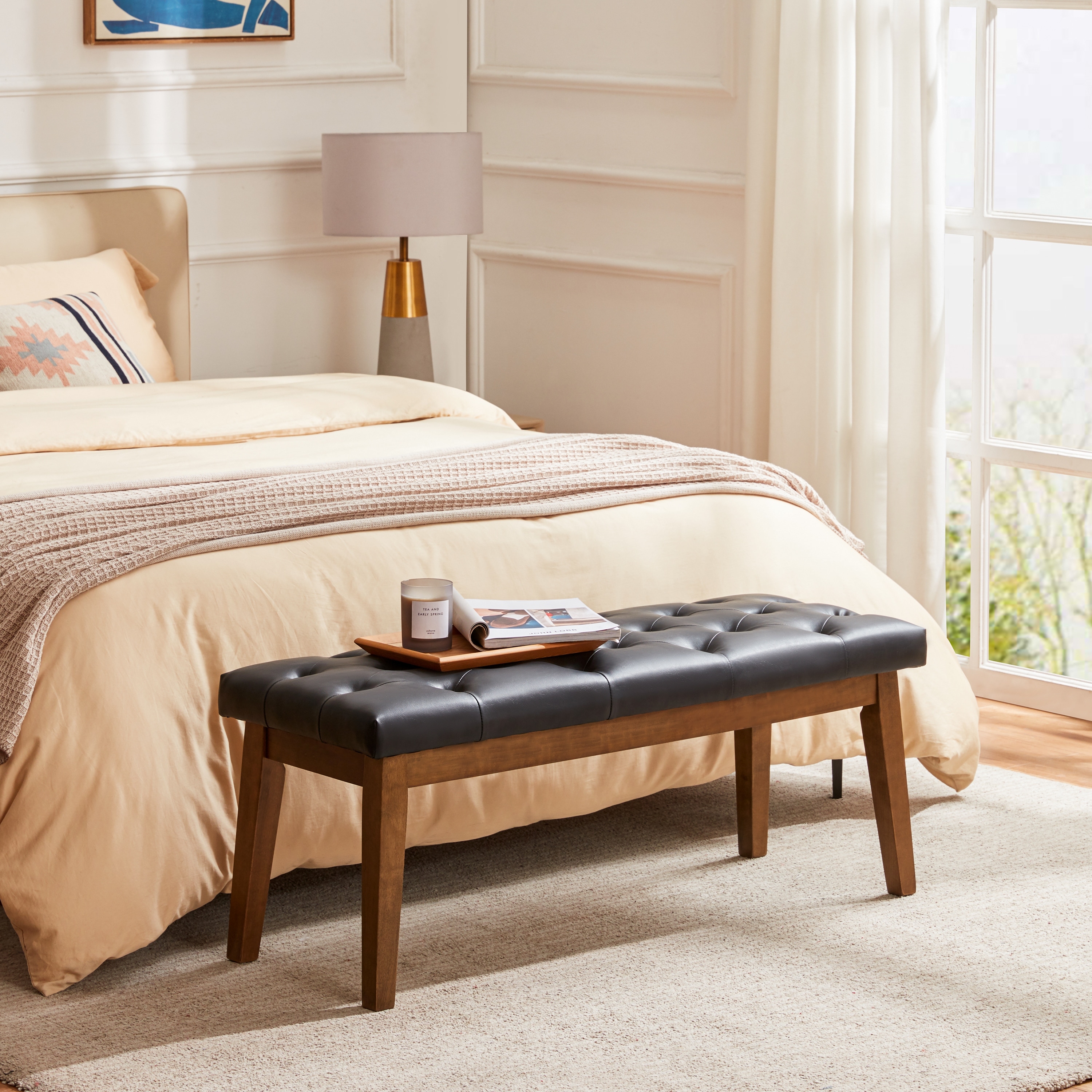 HUIMO Button Tufted Bench for End of Bed Entryway Bench Beige