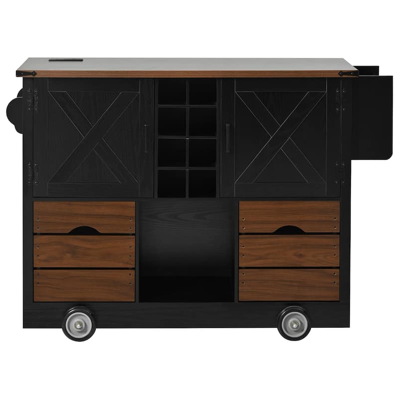 Kitchen Island with Drop Leaf, 2 Doors & 2 Drawers, Rolling Kitchen Island on 4 Wheels, Kitchen Storage Cart with Power Outlet