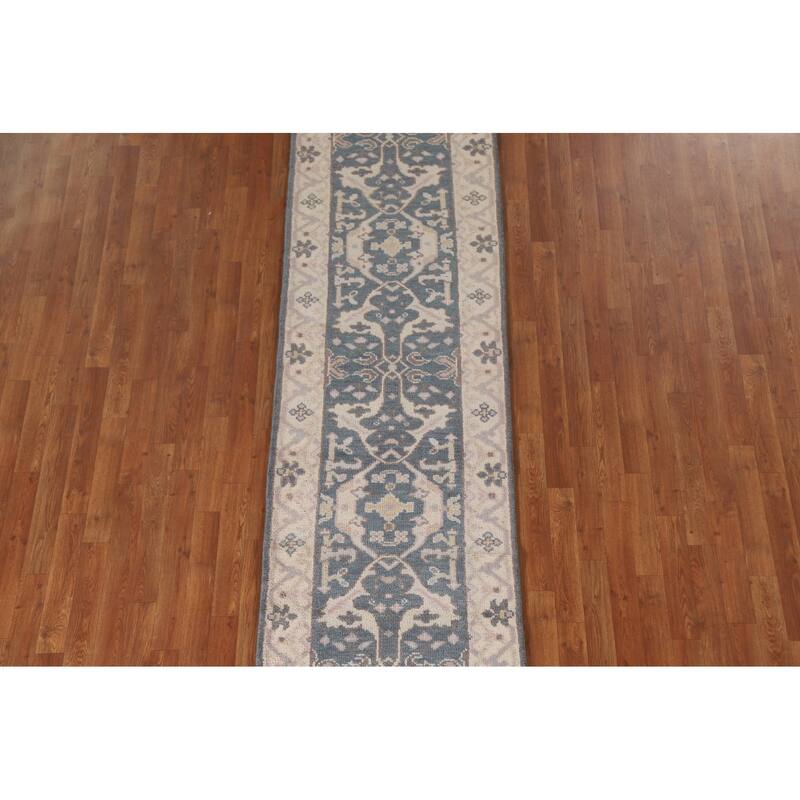 Blue Oushak Style Runner Rug Handmade Wool Carpet - 2'7"x 9'10"
