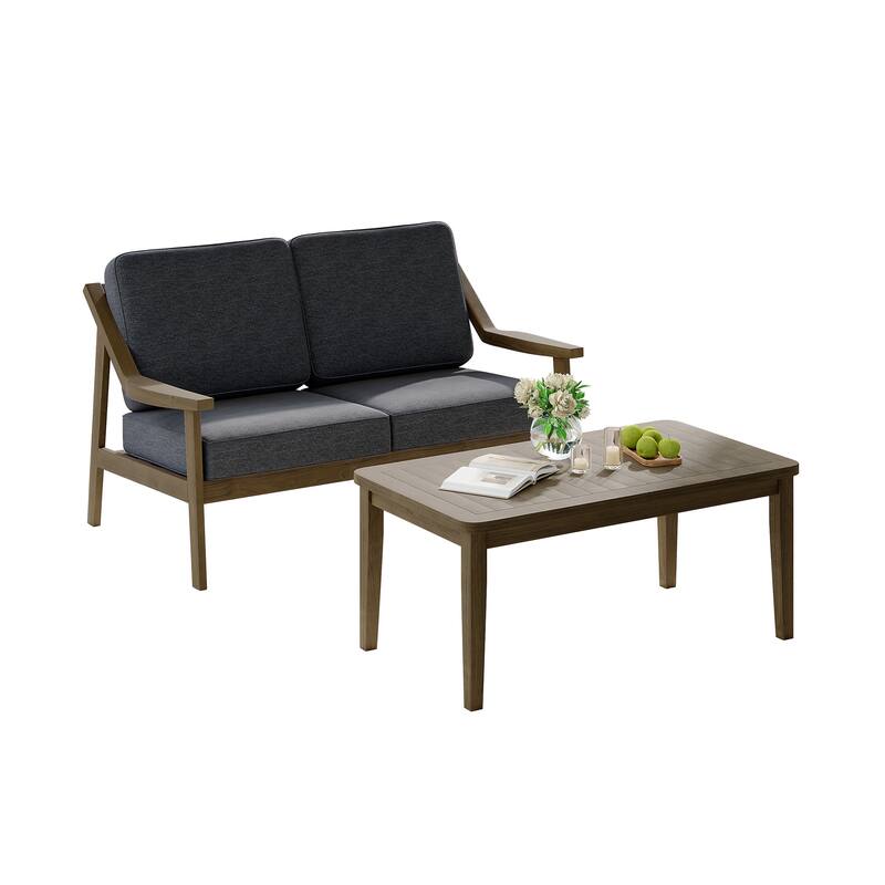 2-piece Brown/ Black Teak Cushioned Patio Loveseat Set with Coffee Table