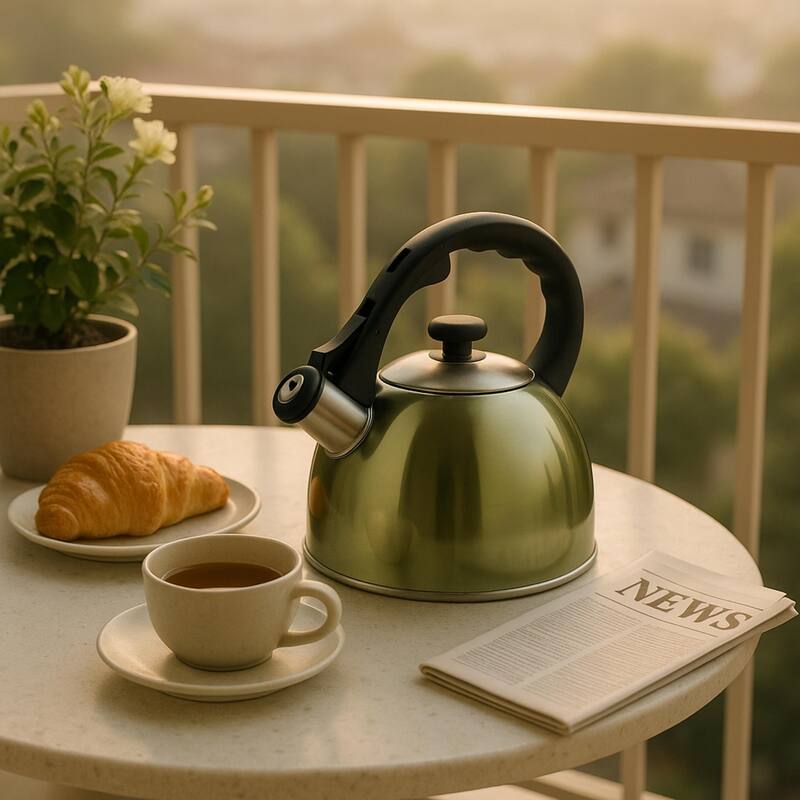 Creative Home Satin Splendor 2.8 Quart Stainless Steel Whistling Tea Kettle with Aluminum Capsulated Bottom, Metallic Chartreuse