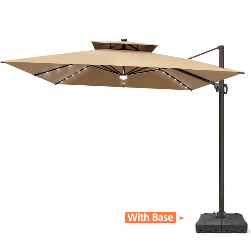 VredHom 11X11 FT Outdoor Aluminum Square Cantilever Patio Umbrella Solar LED Light with Weights Base