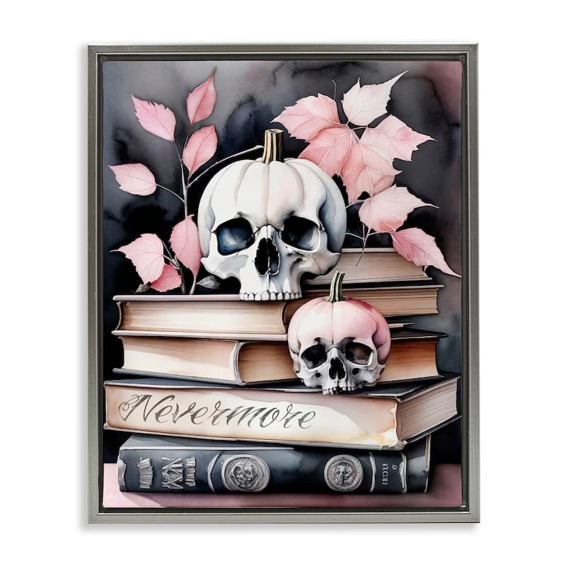 Stupell Spooky Skull Book Stack Framed Floater Canvas Wall Art Design By Tabz Jones - 17 x 21 - Grey
