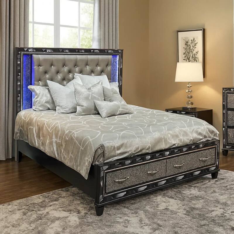 Bet King Bed, Silver Faux Leather Upholstery, LED, Crystal Accents, Black