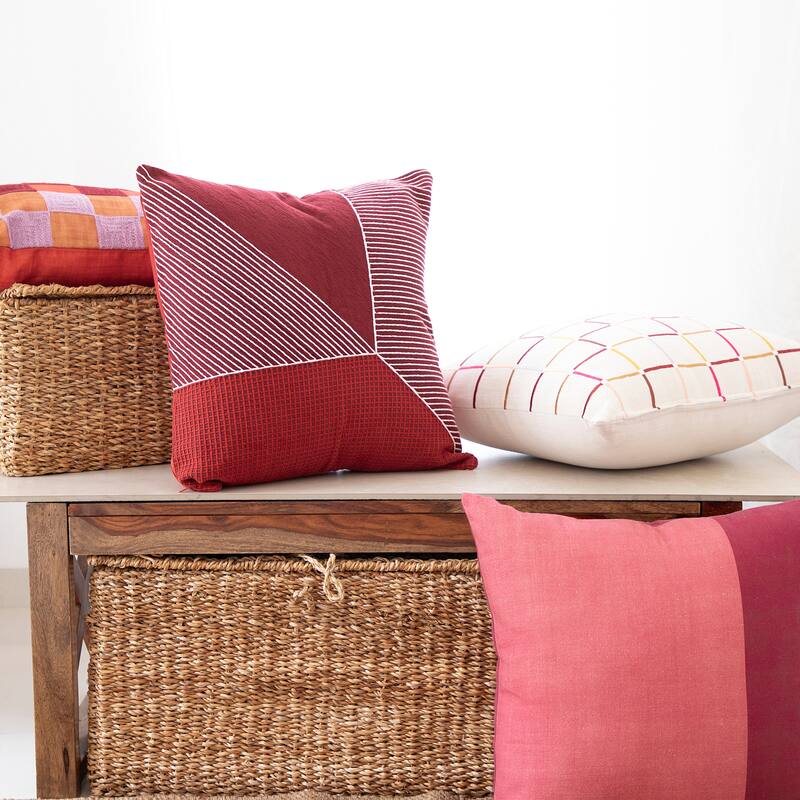Handwoven Stripe Embroidered Square Throw Pillow - 24" - Rust Red and White