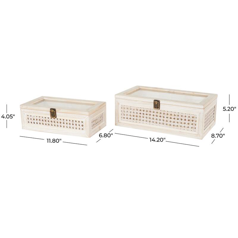 Metal Handmade Woven Storage Box with Bronze Latches and Tempered Glass Tops - Set of 2 Cream - Roche River Decor