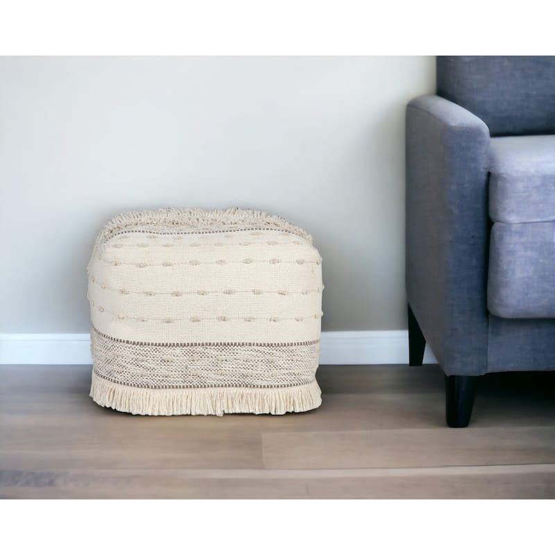 HomeRoots 18" Cream Cotton Striped Pouf Ottoman