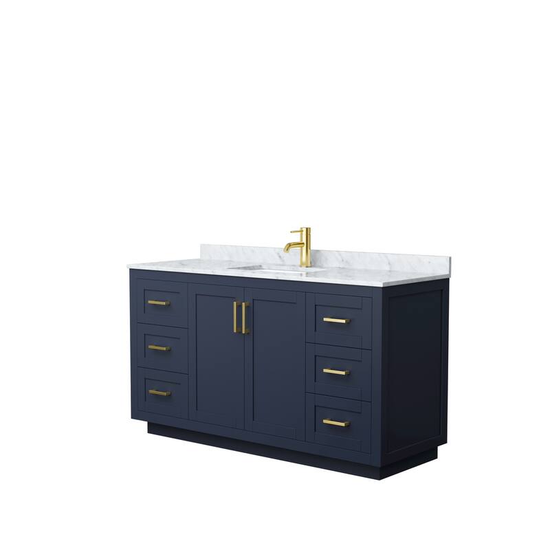 Miranda Single Vanity Set, White Carrara Marble Top, No Mirror - 60-Inch Single - Dark Blue, Gold Trim, White Carrara Marble Top