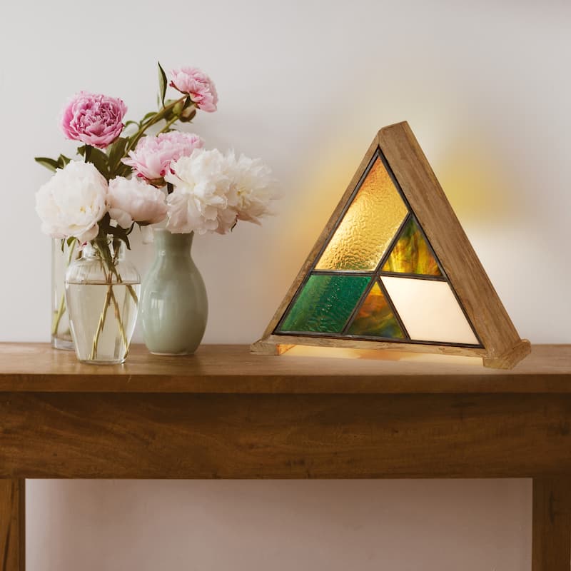 River of Goods Wood and Stained Glass Triangle Shade 11-Inch Accent Lamp - 13.5" x 4.5" x 11"