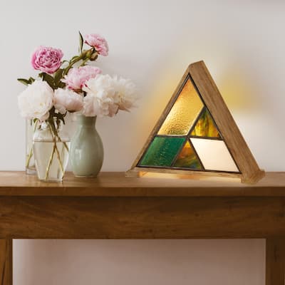River of Goods Wood and Stained Glass Triangle Shade 11-Inch Accent Lamp - 13.5" x 4.5" x 11"