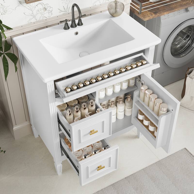 30" Bathroom Vanity With Sink, Bathroom Vanity Cabinet With One Flip Drawer And Two Drawers, Adjustable Shelf - White