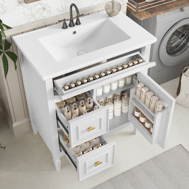 30" Bathroom Vanity with Sink, Bathroom Vanity Cabinet with One Flip Drawer and Two Drawers, Adjustable Shelf - White