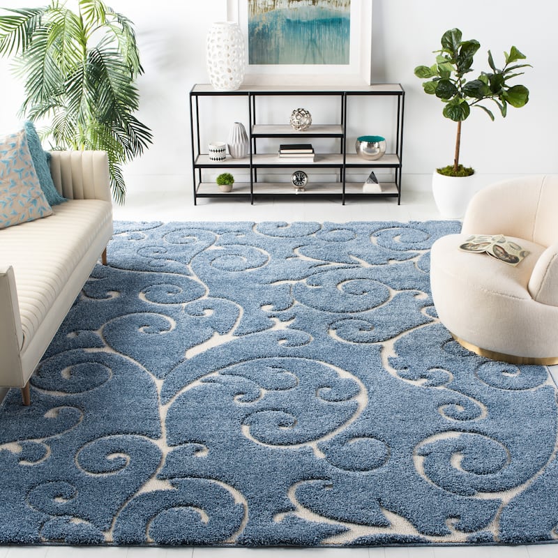 SAFAVIEH Florida Shag Shahin Scroll 1.2-inch Thick Textured Rug - 6' x 9' - Light Blue/Cream