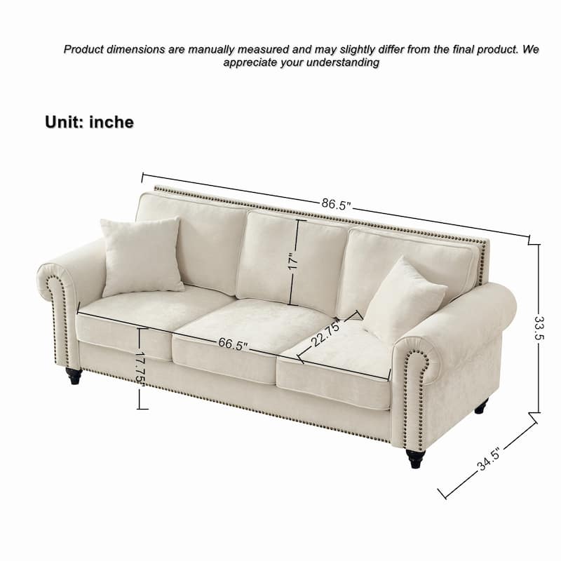 Living Room Deep Seat Rolled Arms Sofa Chenille Upholstered 3 Seater Couch with Wood Legs, Nailhead Trim and Pillows
