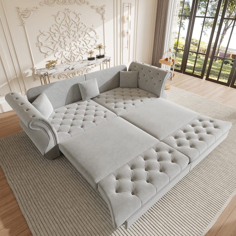 97.6" Oversized Chesterfield Pull-Out Sofa Bed, Velvet Upholstered Sleeper Couch with Roll Arms & Tufting