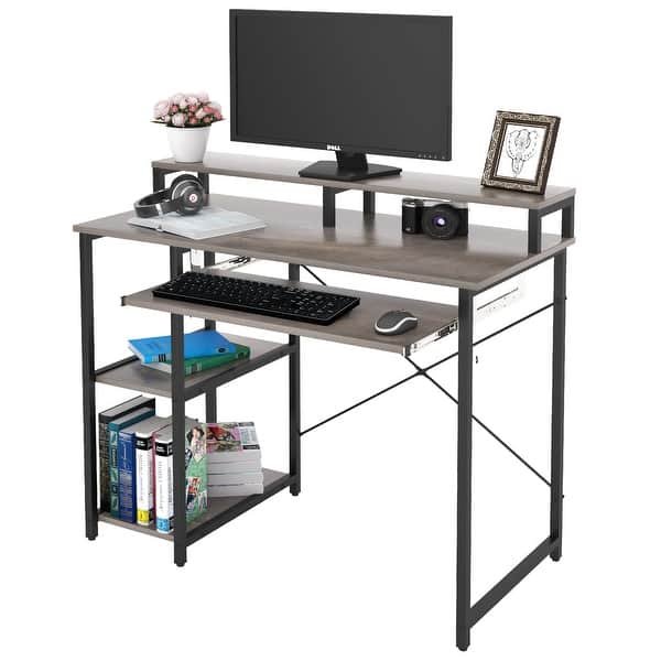 Compact Computer Desk with Storage Shelves/Keyboard Tray/Monitor Stand ...