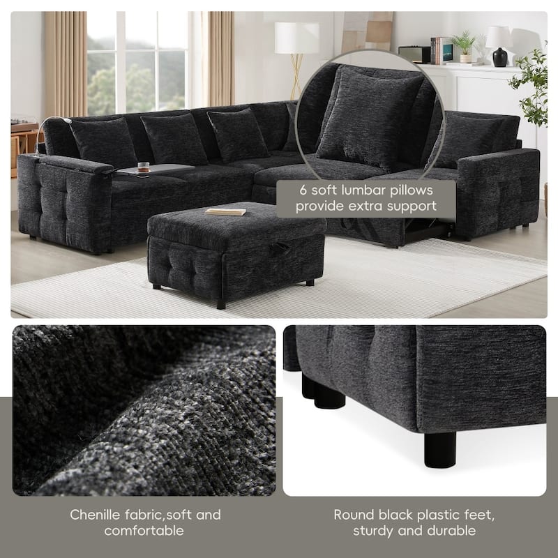 117" Modular Sectional Pull-out Sofa Bed with Flip-up Table Panel, Reading Lamp and Charging Ports