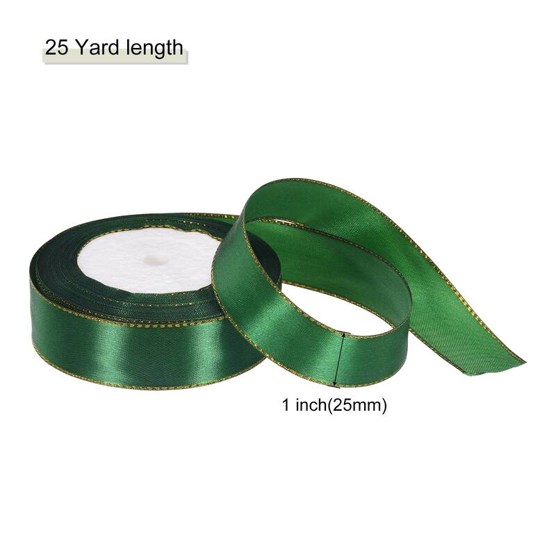 Satin Ribbon with Gold Edges Border Grosgrain Fabric Ribbon for Decor - Dark Green - 1 Inch x 25 Yard