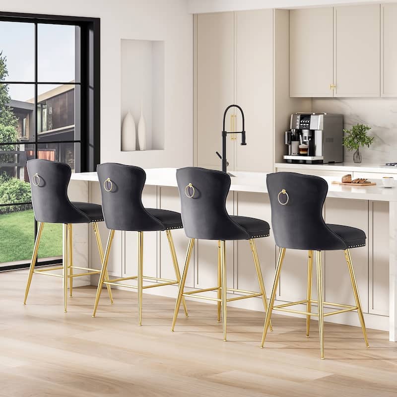 Bar Stools Set of 2, Velvet Counter Height Bar Stools with Metal Legs, Button Tufted and Nailheads Trim, Wing-Back Bar Chairs