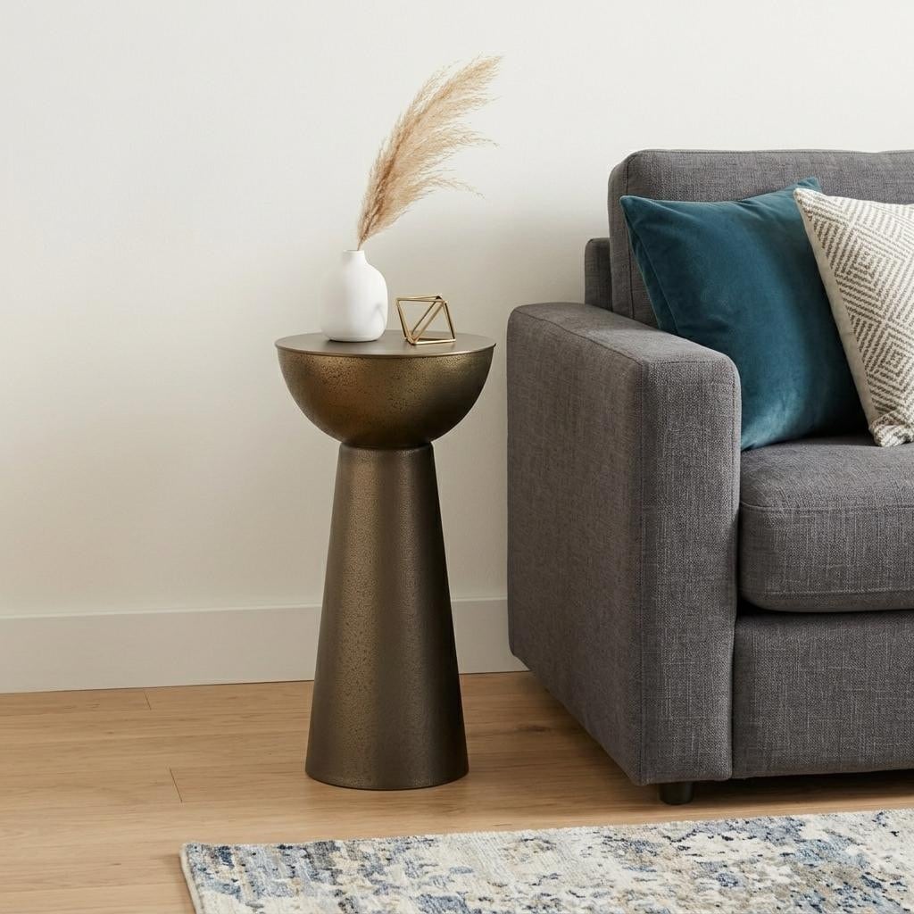 HomeRoots 26" Textured Antiqued Gold Distressed Iron Round Pedestal End Table - 12.00 in. x 25.50 in. x 12.00 in.