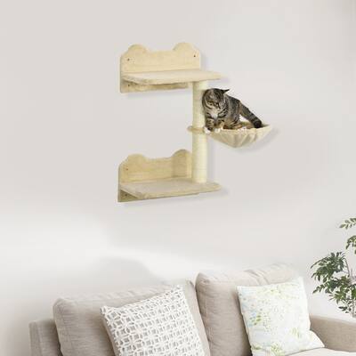 PawHut Wall-Mounted Cat Tree, Cat Wall Furniture with Scratching Post, Kitten Activity Center with Condo, Beige