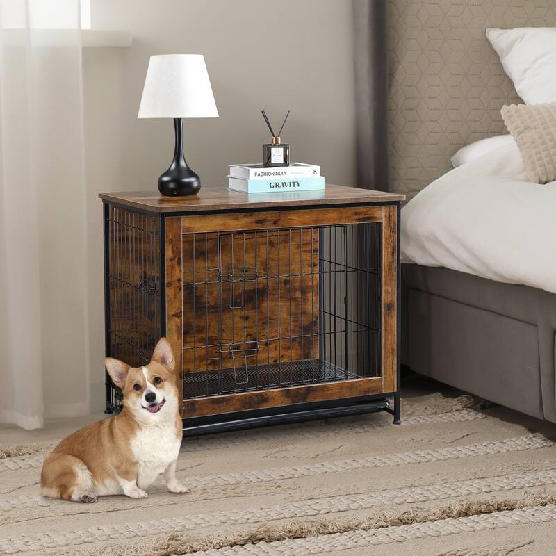 Rustic Brown Wooden Double Doors Dog Crate with Cushion and Adjustable Feet