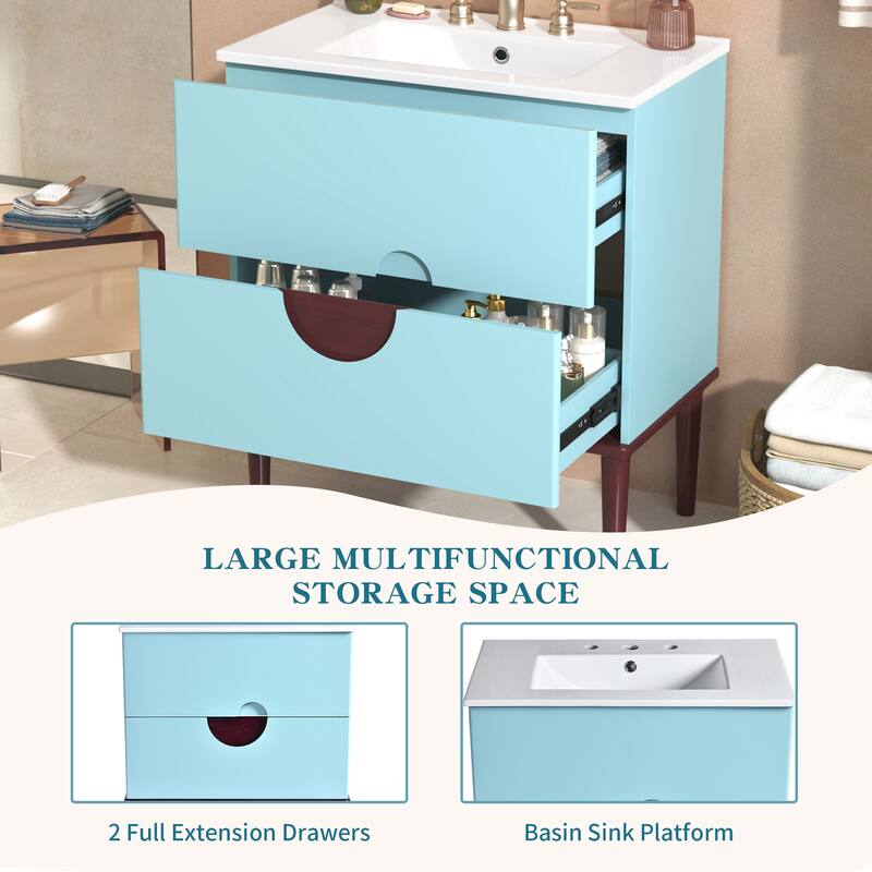 30'' Bathroom Vanity Cabinet with Ceramic Sink Combo Set, Solid Wood Frame Modern Bathroom Storage Cabinet with 2 Drawers, Blue