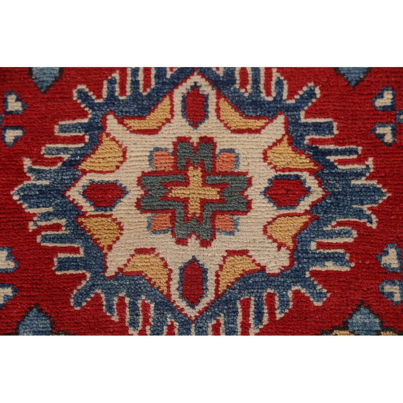 Red Geometric Kazak Oriental Wool Runner Rug Handmade Hallway Carpet - 2'8" x 9'9"