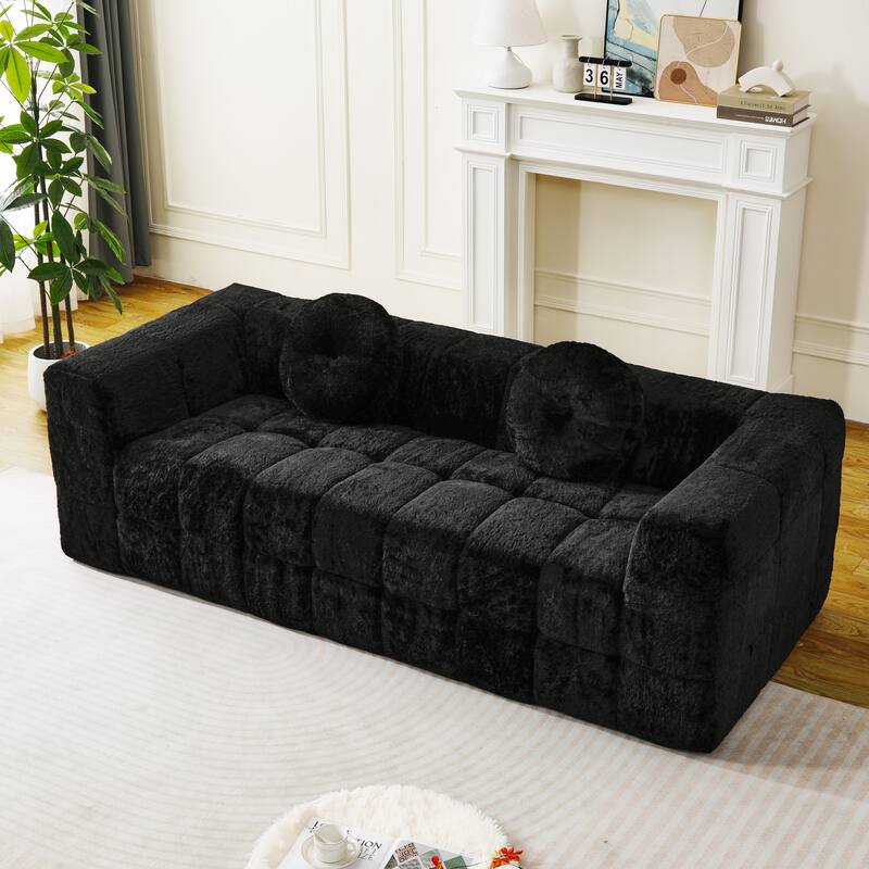 84.6-inch Modern Boneless Couch with Two Circular throw pillows, Skin-friendly lychee-textured long-pile polyester fabric