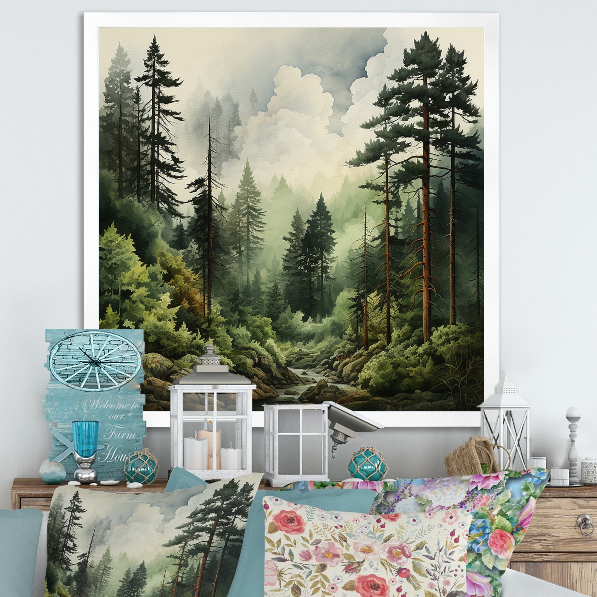 Designart "Pine Tree Forest" Landscapes Framed Canvas Art Print